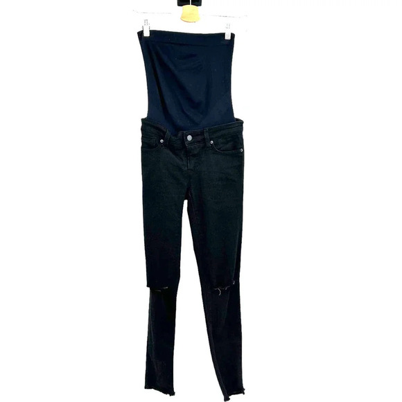 Blanqi Denim‎ Maternity Belly Support Skinny Jeans Black Knee Slit Wash Size 2 - Picture 2 of 9